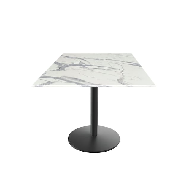 30 Tall OD214 Black Table Base w22 Dia foot and 32x32 Square White Marble Top, IndoorOutdoor